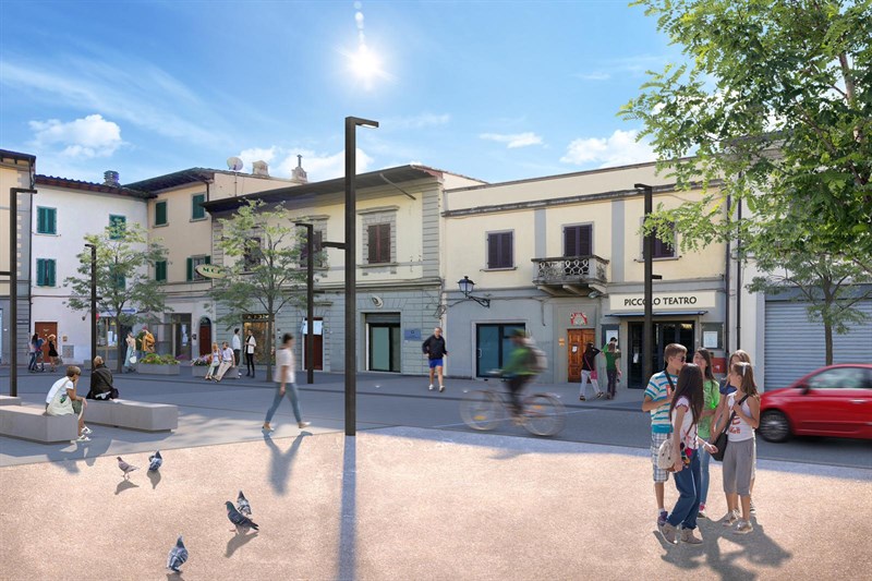 Render dell'ipotesi di progetto di riqualificazione di Piazza Umberto I a Rufina e del centro storico