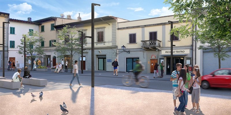 Render dell'ipotesi di progetto di riqualificazione di Piazza Umberto I a Rufina e del centro storico