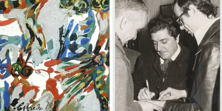 a sx: un'opera del Maestro. A DX Silvio Loffredo firma il catalogo della mostra al prof. Giuseppe Alpigini