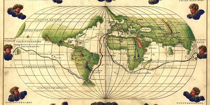 1520, Magellano raggiunge l'oceano pacifico. Nella foto: Mappamondo che mostra la via compiuta da Magellano ed Elcano realizzato da Battista Agnese, Atlante nautico, Venezia, 1544