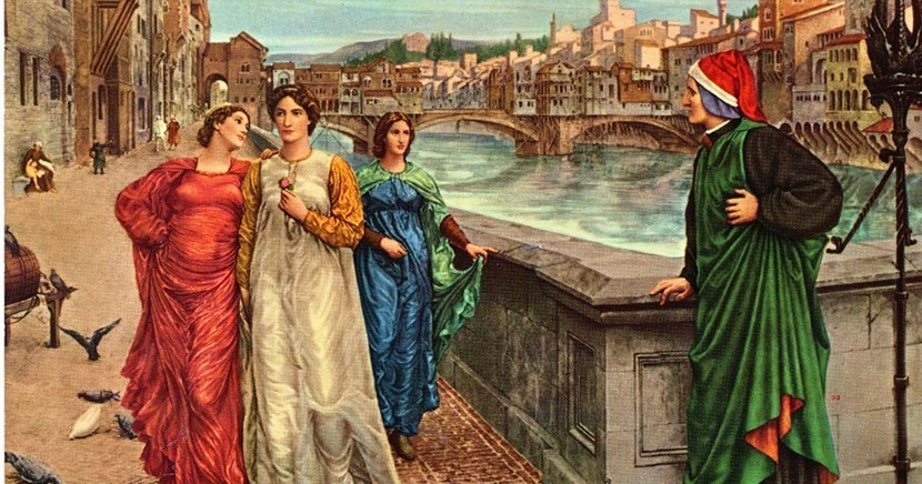 La famosa scena iconografica dell’incontro fra Dante e Beatrice sul lungarno di Firenze.