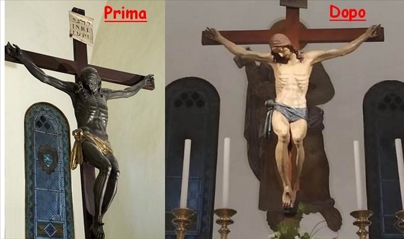 Presentato a San Piero il Crocifisso recuperato. I precedenti colori emersi sotto la vernice nera
