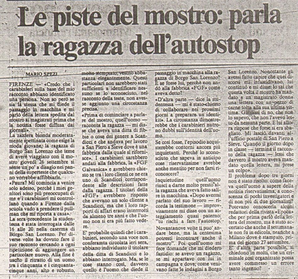 Mostro Firenze: Appello per trovare la ragazza (mugellana) dell'autostop del 1985