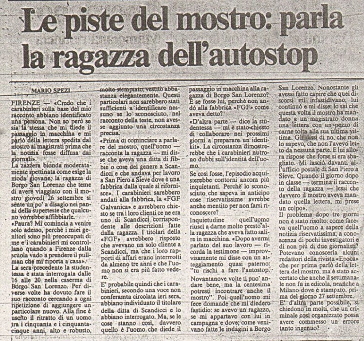 Mostro Firenze: Appello per trovare la ragazza (mugellana) dell'autostop del 1985