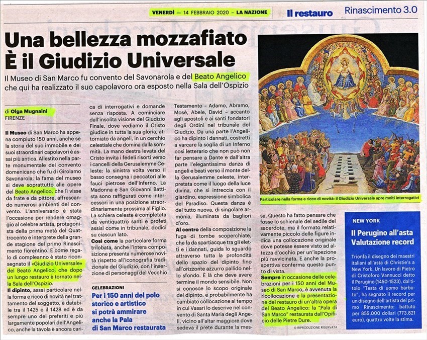 La recensione sul Beato Angelico tratto dal quotidiano “La Nazione” dello scorso venerdi 14 febbraio 2020.