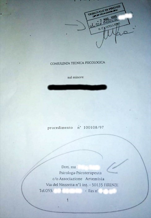 Documento esclusivo della consulenza di una professionista di Artemisia nel 1999 per un bambino del Forteto