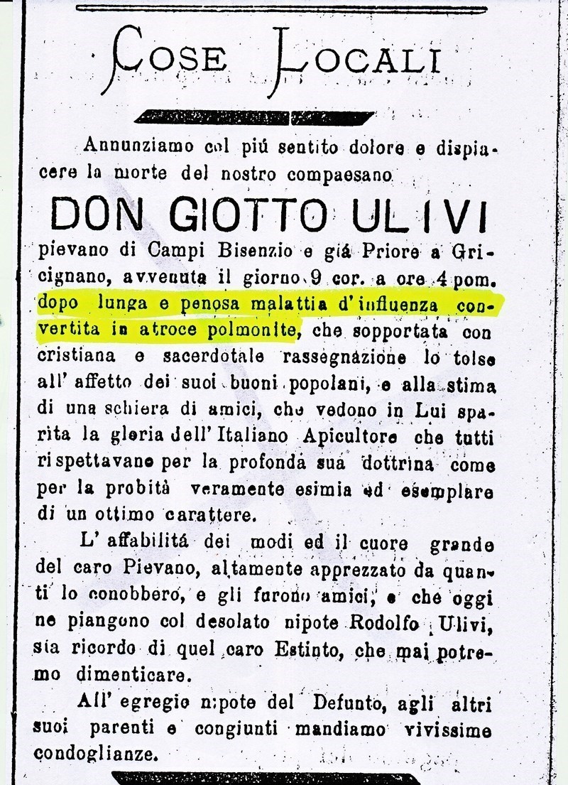 La morte di Don Giotto Ulivi per una epidemia influenzale