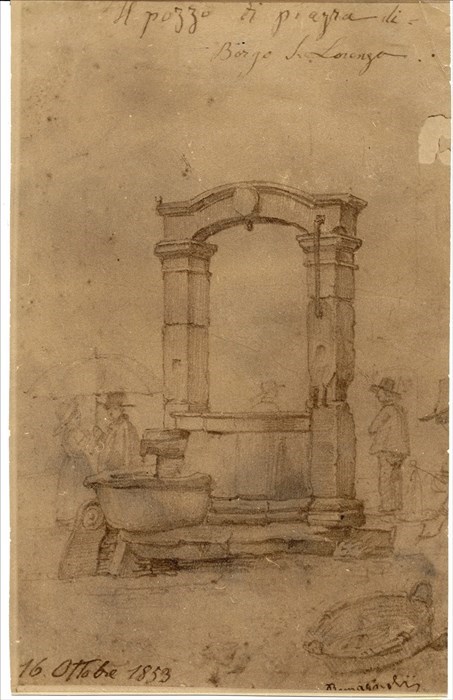 Il monumentale pozzo di piazza. Disegno di Angiolino Romagnoli (1832-1898)