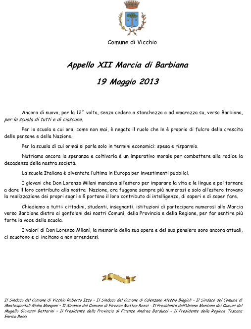 Vicchio. Domenica 19 la Marcia di Barbiana. Il manifesto...