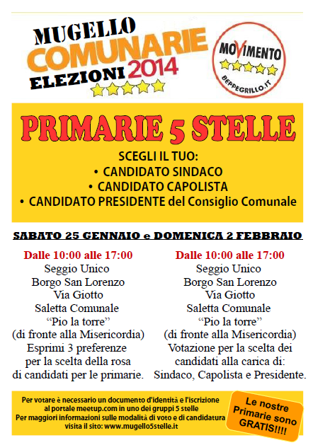 Le comunarie a 5 stelle per i sindaci del Mugello. Info e date...