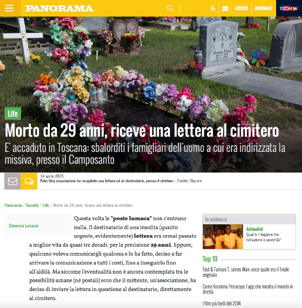 Su Panorama la news della lettera al cimitero. Lanciata da OK!Mugello