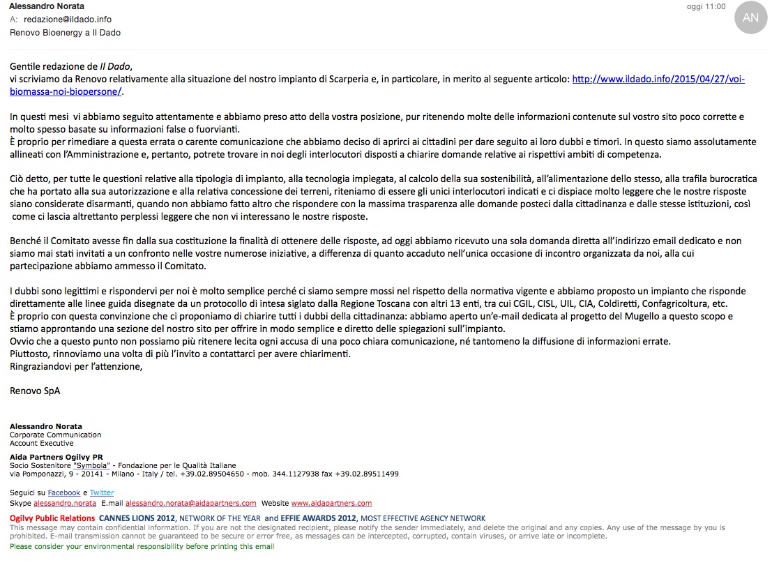 Biomasse. Botta e risposta Renovo - Il Dado