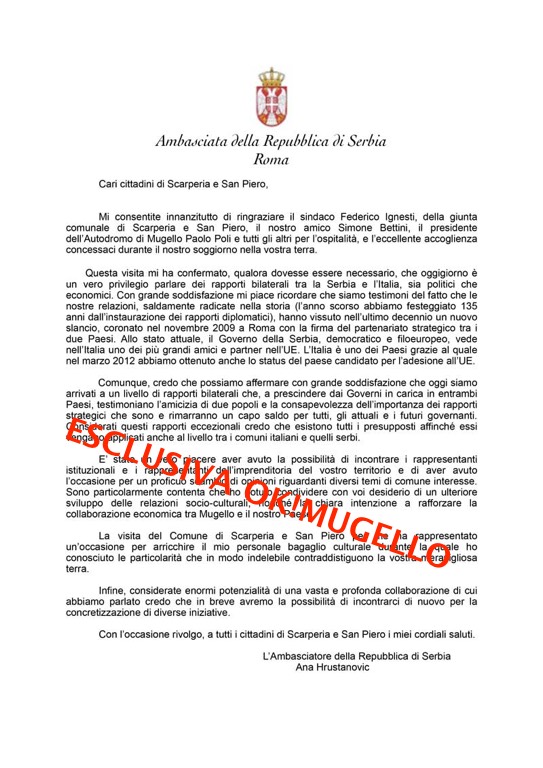 L'Ambasciatore di Serbia ringrazia, e scrive a OK!Mugello