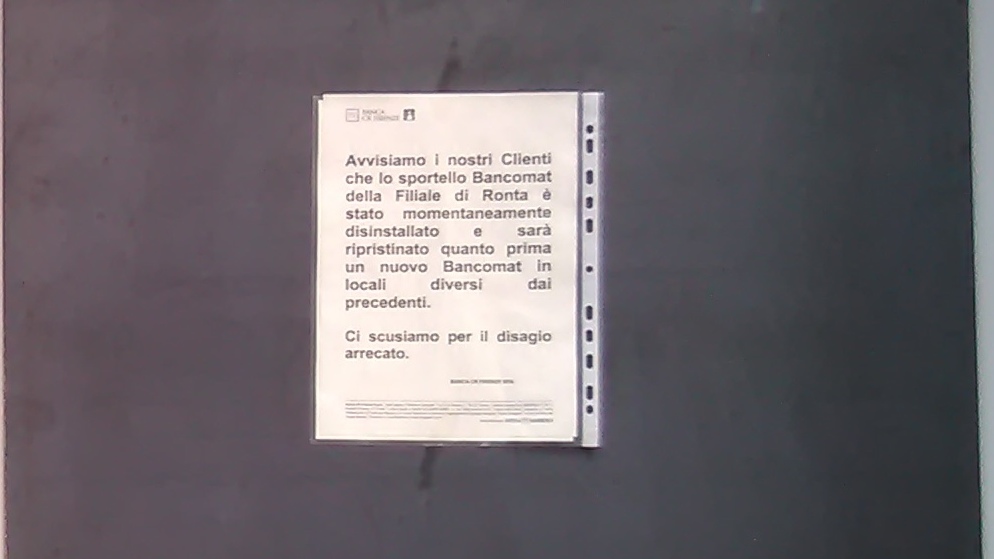 Ronta. Il bancomat solo spostato? E il 29 nuova riunione con il Credito Cooperativo
