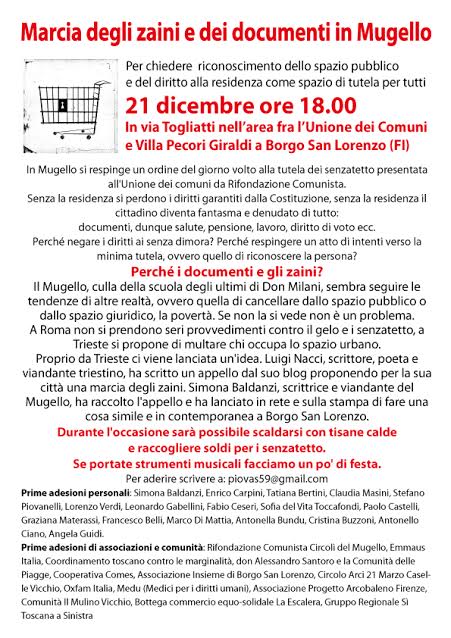 Senza fissa dimora. Stasera a Borgo la 'Marcia degli zaini e dei documenti'