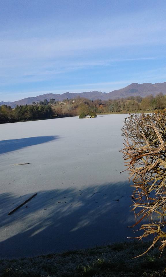 Il lago ghiacciato è da favola. Accade a Vicchio, foto del giorno