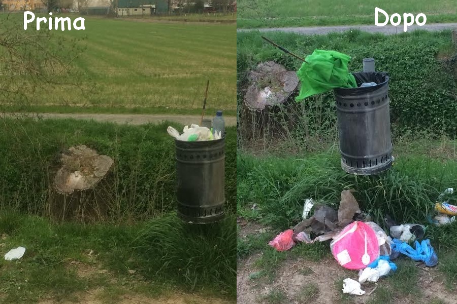 Cestini all'inizio della ciclabile. La sporcizia si accumula