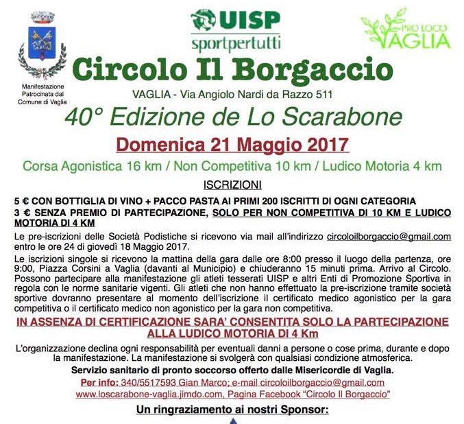 Vaglia, di corsa. Domani torna lo Scarabone, tutte le info