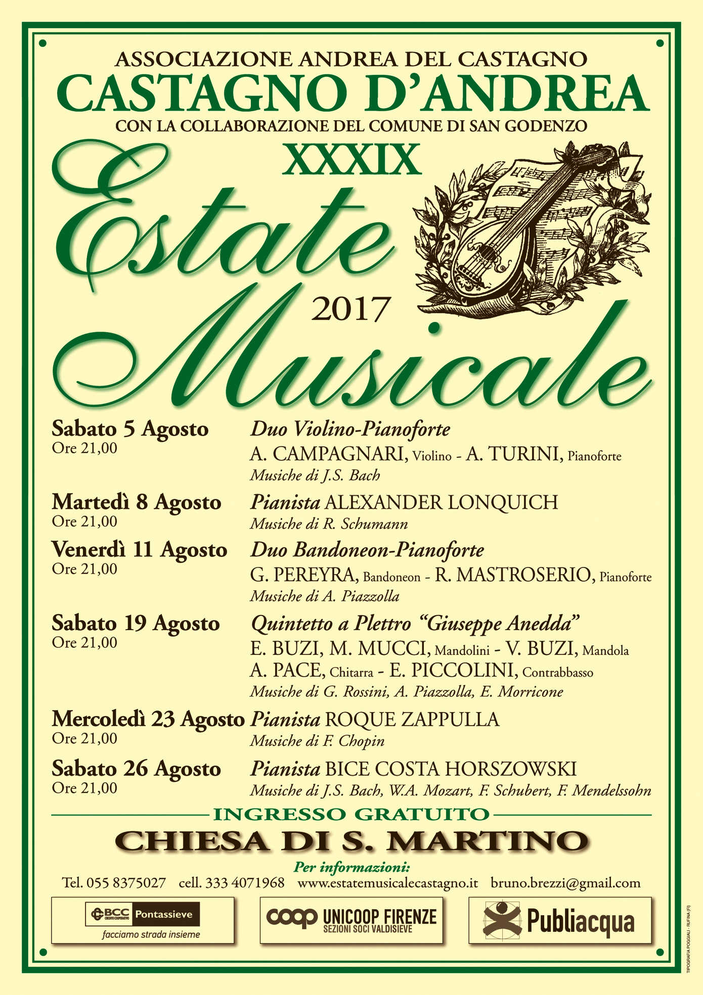 Estate musicale 2017. Concerti nel Mugello fra Castagno e Borgo