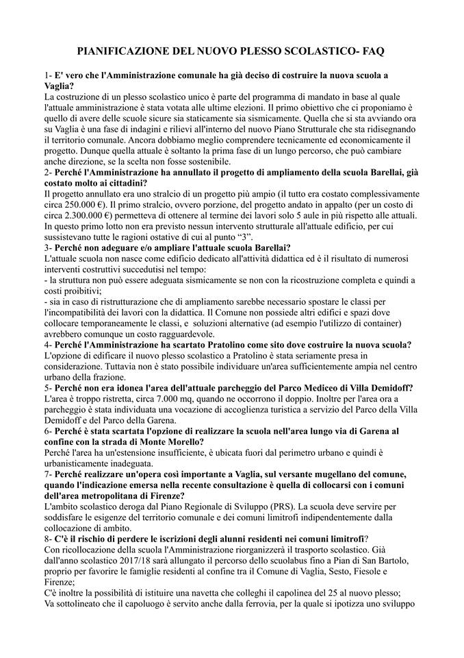 Nuova scuola a Vaglia? Tutto ciò che c'è da sapere nelle domande (e risposte) del sindaco