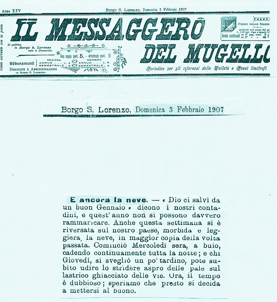 Storia di un lontano e nevoso 3 febbraio 1907, in Mugello