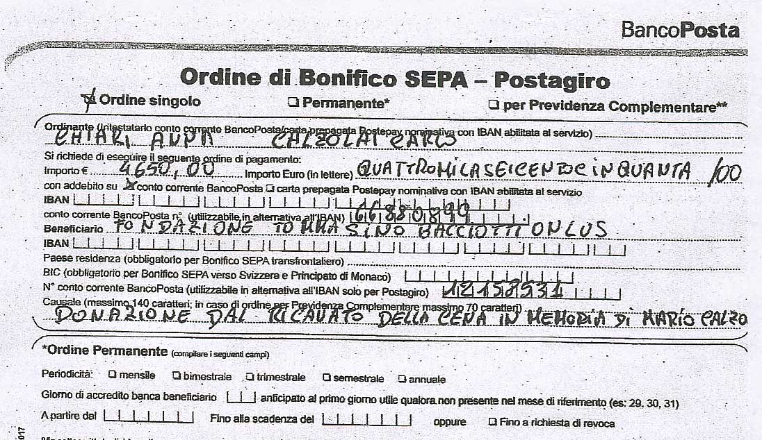 Donazione alla Onlus Bacciotti del ricavato Memorial Mario Calzolai