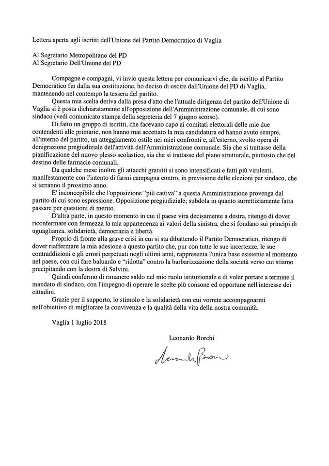 La mia appartenenza al Partito Democratico ad un bivio, dichiara Leonardo Borchi