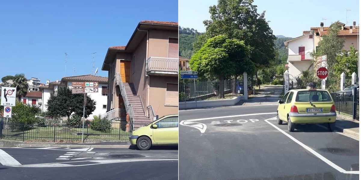 Il parcheggio e lo stop. Strisce 'singolari' a Vicchio