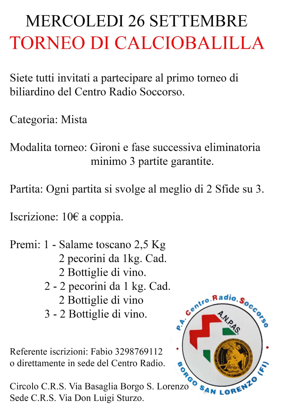 Al CRS il 26 settembre 2018: 1° Torneo di Calciobalilla