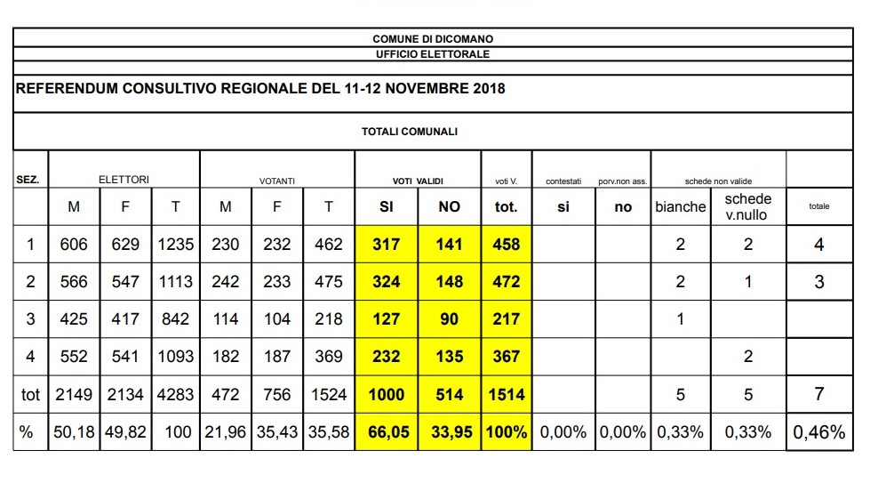 Referendum fusione. A Dicomano vince il Sì: 66,05%