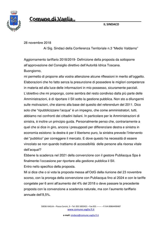 Borchi scrive ai sindaci: 'Non votate la proroga a Publiacqua'. La lettera