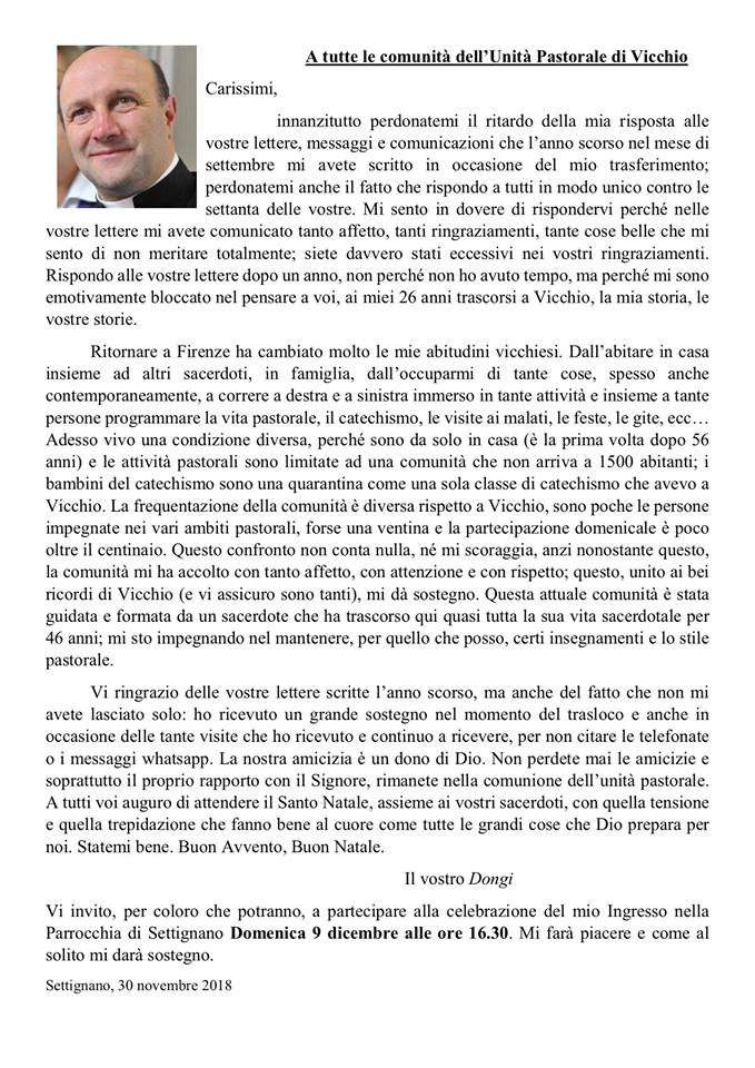 Vicchio. La lettera di Don Giuliano agli ex parrocchiani. E un invito