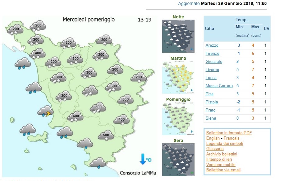 Meteo Mugello. Domani (mercoledì) prevista neve a quote collinari