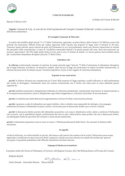 Modifiche referendum. Odg in Consiglio a Marradi per denunciarne i rischi