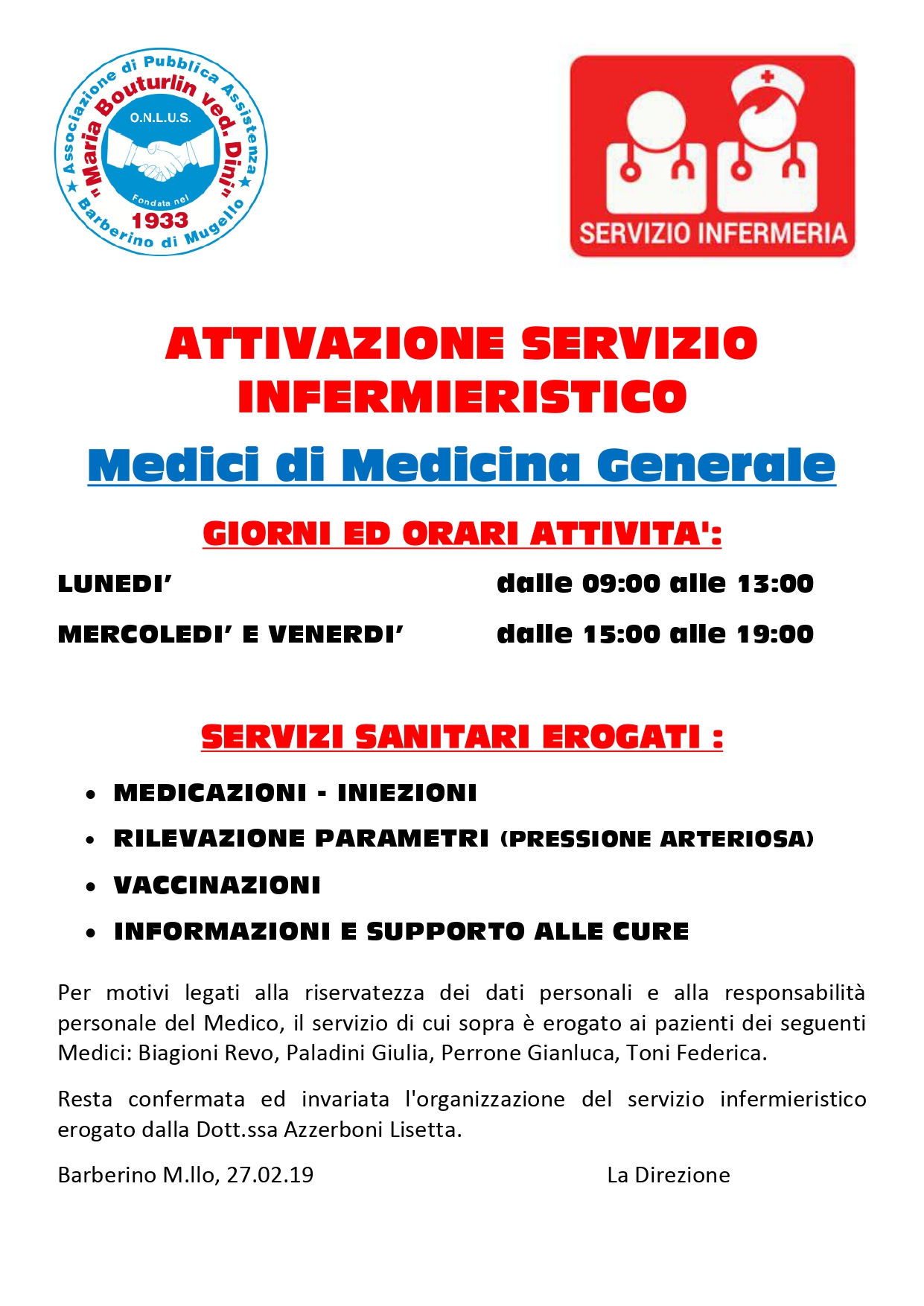 Barberino. Servizio infermieristico gratuito agli ambulatori