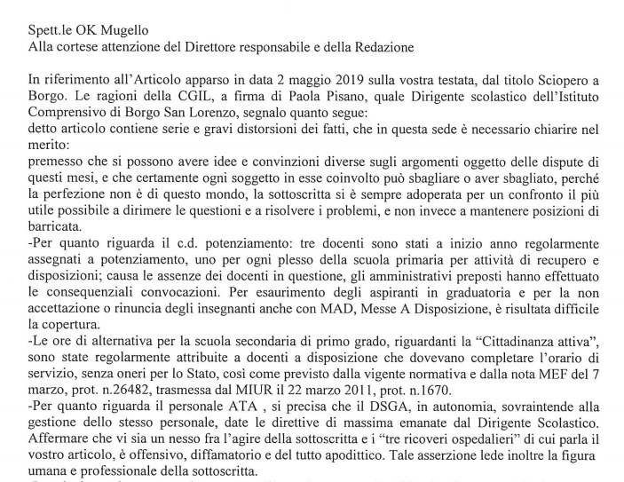 Sciopero a scuola. La dirigente Nappa risponde su OK!Mugello
