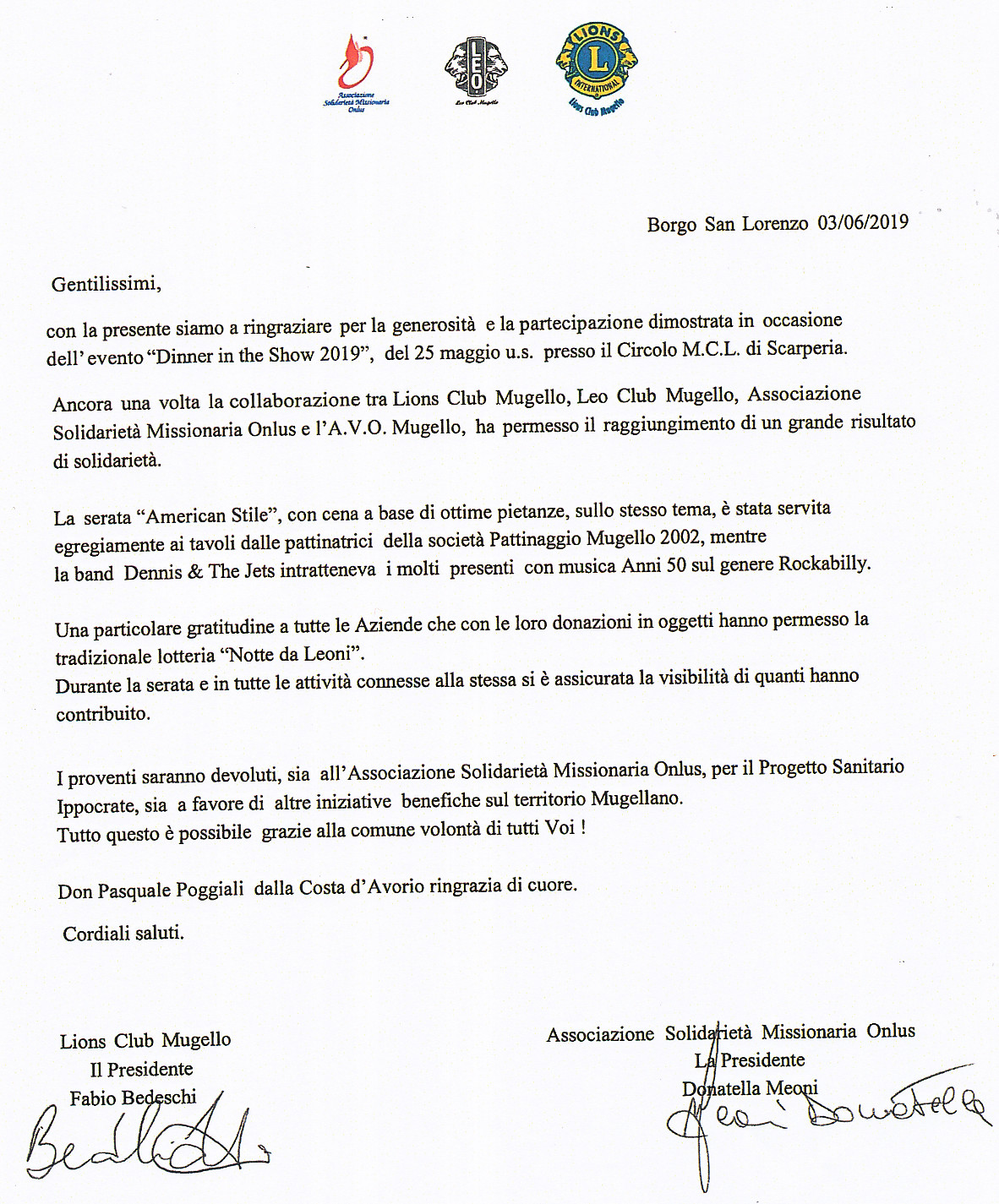 Assomis e Lions Club ringraziano OK!Mugello