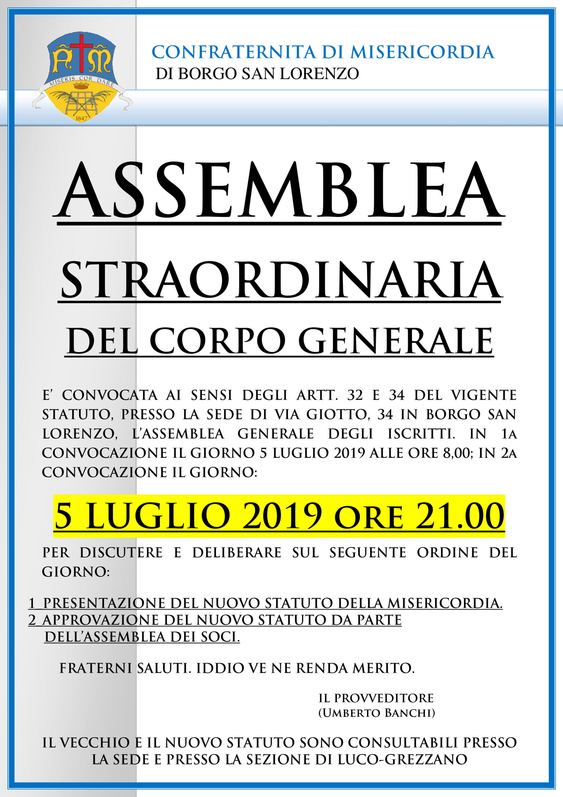 Venerdì assemblea straordinaria della Misericordia di Borgo
