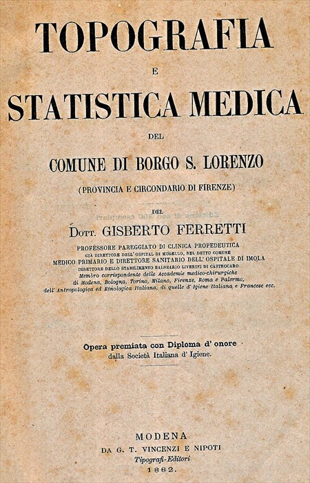 Il frontespizio del libro del dott. Gisberto Ferretti edito nel 1882 (Archivio A.Giovannini)