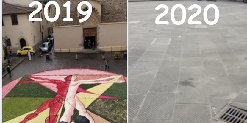 La piazza e l'Infiorata mancata. Foto a confronto