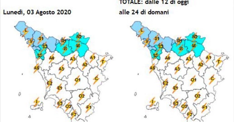 Ecco la Toscana e l'allerta di domani lunedì 3 agosto