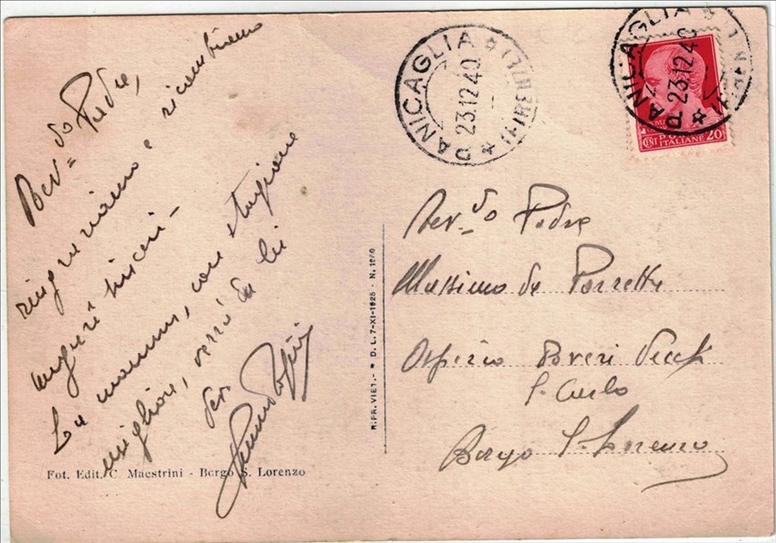 Il retro della cartolina indirizzata a Padre Massimo