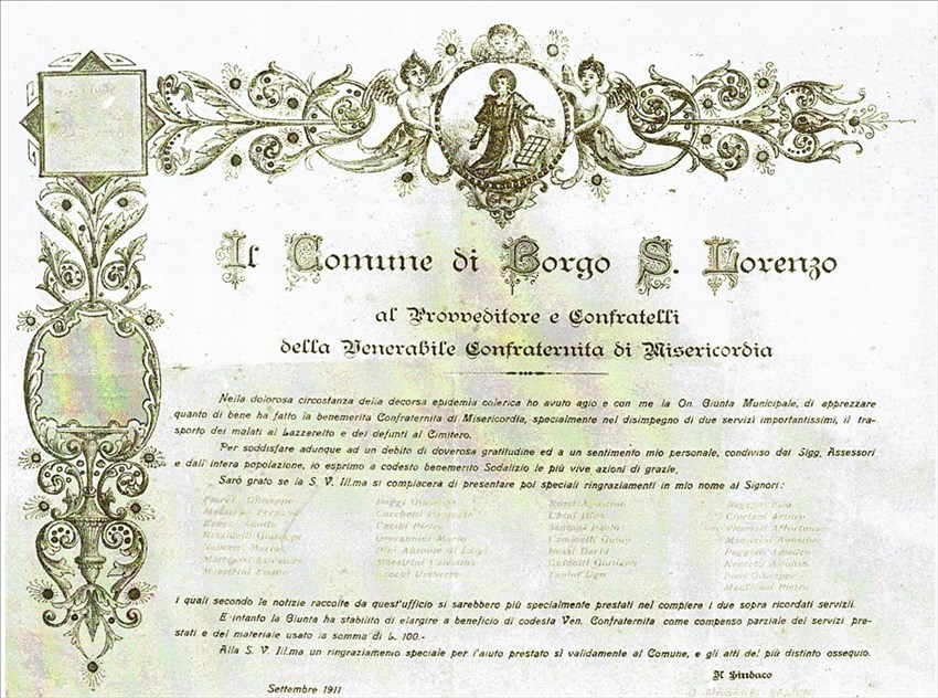 Una delle tante testimonianze. Pergamena alla Misericordia da parte del Comune per  i servizi svolti nel 1911 durante l’epidemia di colera.