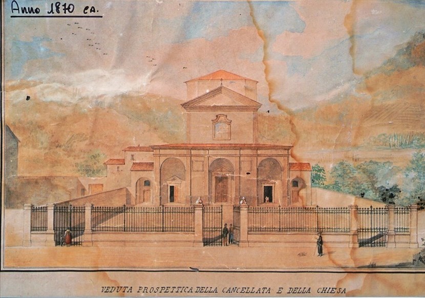 Una veduta iconografica ottocentesca del Santuario del SS. Crocifisso, dopo la messa in opera della grande cancellata