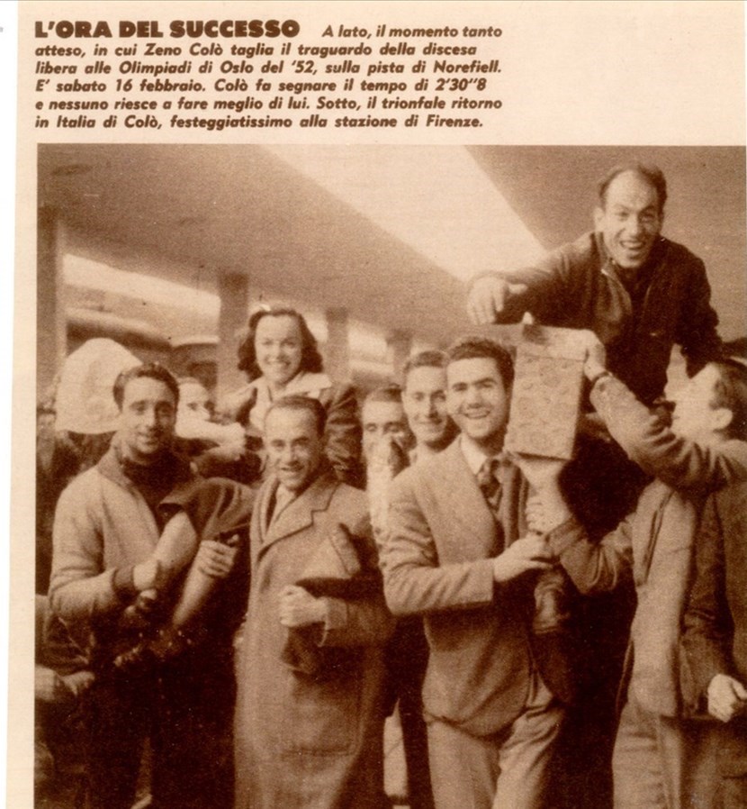 Amilcare Giovannini  a sinistra  che alza sulle spalle Celina Seghi, a destra Zeno Colò.