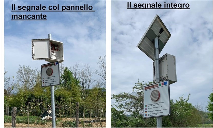 Manca il pannello fotovoltaico al segnale sulla ciclabile Sieve. Manutenzione o vandali?
