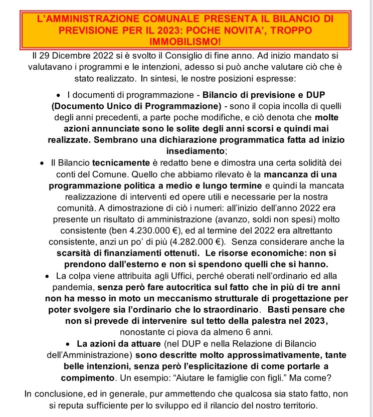 La sintesi dei rilievi di Bene Comune