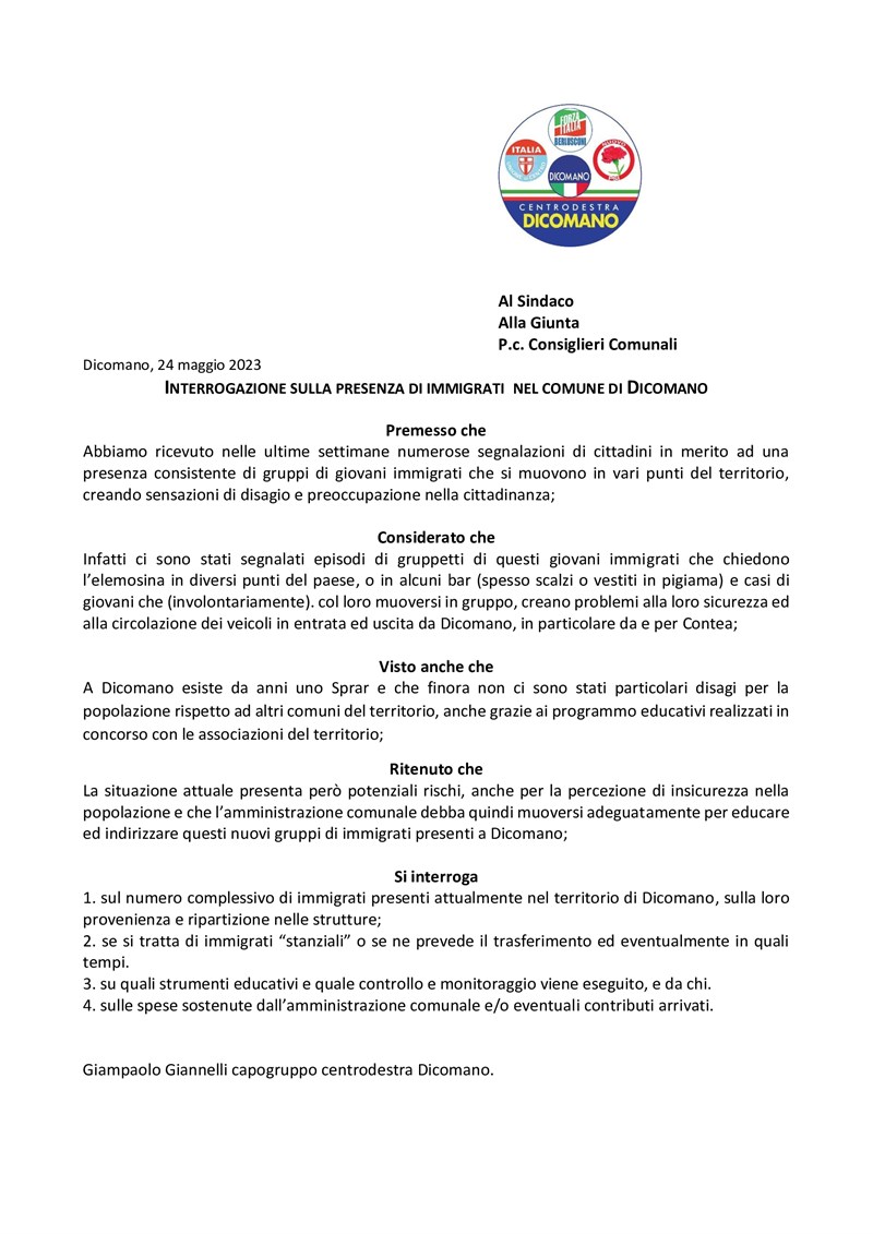 Il testo dell'interrogazione