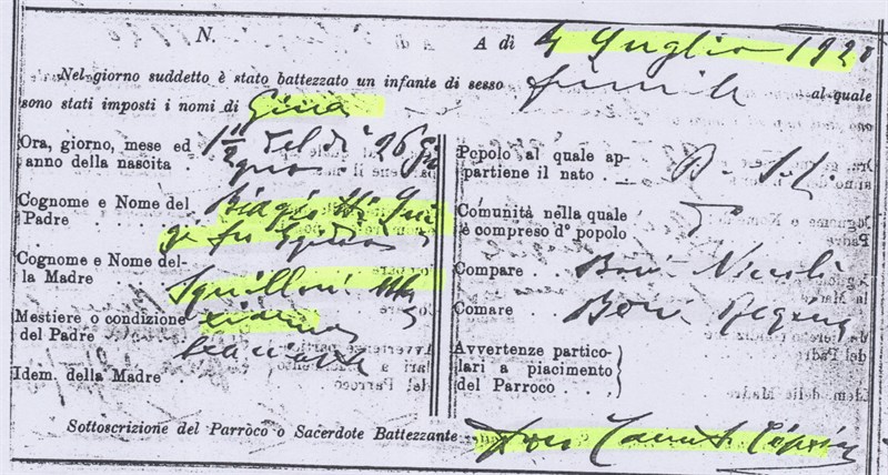 L’Atto di battesimo di Gina Biagiotti, nacque il 26 giugno del 1920 e fu battezzata dal mitico pievano don Canuto Cipriani  