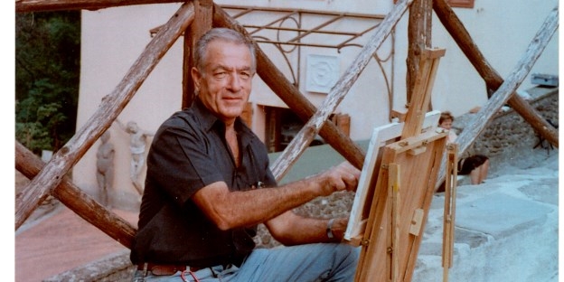 Marino Brogi davanti al suo cavalletto alla Casa di Giotto   